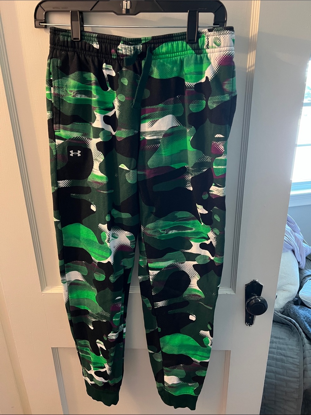 Under Armour Boys Green Camo Joggers with Black and Purple Accents